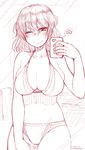  2015 asakawa_remon bra breasts cellphone cleavage dated large_breasts looking_at_viewer monochrome one_eye_closed original panties phone self_shot sketch smile solo underwear underwear_only 
