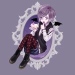  1boy ankle_boots bags_under_eyes bat_wings boots cake cherry_dot collared_shirt diabolik_lovers food hood hoodie licking male_focus pantyhose purple_eyes purple_hair sakamaki_kanato short_shorts shorts simple_background solo strawberry sweets tongue tongue_out wings 