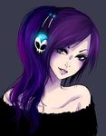  1girl bare_shoulders blue_eyes headphones off-shoulder_sweater purple_hair solo zone-tan 