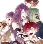  1girl 3boys age_difference bags_under_eyes belt blush brown_hair carrying child choker closed_mouth cordelia_(diabolik_lovers) diabolik_lovers dress elbow_gloves eyepatch eyes_closed family fangs gloves hug knees_up long_hair looking_at_another looking_at_viewer mayu_syulv mother_and_son one_eye_closed open_mouth profile purple_eyes purple_hair red_hair sakamaki_ayato sakamaki_kanato sakamaki_laito simple_background sitting smile stuffed_animal suspenders teddy_(diabolik_lovers) teddy_bear upper_body vampire white_background younger 