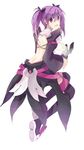  :3 aisha_(elsword) angkor_(elsword) artist_request boots creature detached_sleeves elsword from_behind full_body hair_ribbon highres holding looking_at_viewer looking_back midriff open_mouth purple_eyes purple_hair ribbon simple_background solo teeth twintails void_princess_(elsword) white_background 