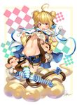  2015 :3 ^_^ absurdres andira_(granblue_fantasy) antenna_hair blonde_hair blue_bow blue_ribbon blue_shorts blush bow breasts chushengdao closed_eyes cloud dated erune full_body granblue_fantasy groin hair_bow highres knees_together_feet_apart leg_cling leg_grab monkey monkey_tail navel no_shoes number open_mouth red_eyes ribbon shorts signature sleeves_past_wrists small_breasts striped striped_legwear tail thighhighs two_side_up white_background 