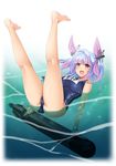  :d afloat arm_support bangs bare_arms bare_legs barefoot blue_hair blue_swimsuit blunt_bangs border breasts eyebrows eyebrows_visible_through_hair full_body hair_ribbon headgear heart i-19_(kantai_collection) kantai_collection kneepits large_breasts legs_up light_particles long_hair looking_at_viewer mr_bowater multicolored_hair name_tag ocean one-piece_swimsuit open_mouth purple_eyes purple_ribbon red_eyes ribbon school_swimsuit smile solo star star-shaped_pupils swimsuit symbol-shaped_pupils torpedo two-tone_hair two_side_up water white_border 