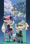  2girls aori_(splatoon) black_hair brown_eyes cat highres hirai_yukio hotaru_(splatoon) jajji-kun_(splatoon) long_hair multiple_girls pantyhose short_hair splatoon_(series) splatoon_1 tanabata tanzaku 