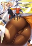  acami artist_name ass ass_focus blonde_hair blue_eyes breasts cameltoe crotch_seam gloves highres large_breasts long_hair looking_at_viewer looking_back looking_down md5_mismatch mechanical_halo mechanical_wings mercy_(overwatch) overwatch pantyhose signature smile solo thighs wings 