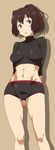  :o abs akitetsu arms_behind_back ass_visible_through_thighs bad_id bad_twitter_id breasts breasts_apart brown_eyes brown_hair drop_shadow hair_intakes hair_ribbon highres ise_(kantai_collection) kantai_collection navel open_mouth ponytail ribbon short_hair simple_background skin_tight sleeves_past_elbows solo standing turtleneck undershirt underwear 