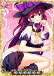  black_legwear black_skirt blue_eyes breasts card_(medium) cleavage grisaia_(series) grisaia_no_kajitsu hat large_breasts long_hair looking_at_viewer nipples pleated_skirt purple_hair skirt solo strapless suou_amane thighhighs witch_hat 