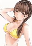  anegasaki_nene bad_id bad_pixiv_id bikini braid breasts brown_eyes brown_hair cleavage collarbone hand_behind_head large_breasts long_hair love_plus low_twintails mole mole_under_eye nannacy7 navel simple_background sketch smile solo swimsuit twin_braids twintails upper_body white_background yellow_bikini_top 