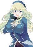  :d ascot atago_(kantai_collection) beret black_gloves blonde_hair breasts gloves green_eyes hat highres jacket kantai_collection large_breasts long_hair military military_uniform open_mouth pantyhose smile solo uniform yamamoto_tomomitsu 