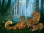 ambiguous_gender brown_eyes cheetah cub digitigrade eyes_closed feline feral flashw fur grass green_eyes group happy jungle lying mammal mother nature on_side outside parent pawpads paws resting smile spots spotted_fur tan_fur tree water waterfall young 