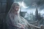  absurdres backlighting bad_id bad_pixiv_id balcony bare_shoulders blurry bridal_veil building castle company_captain_yorshka crescent crescent_hair_ornament dark_souls_iii depth_of_field dress facial_mark grey_eyes hair_ornament highres jlien- long_hair moon moonlight mountain night night_sky outdoors pointy_ears railing scenery see-through short_sleeves sky solo souls_(from_software) standing tiara upper_body veil white_dress 