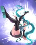  aqua_eyes aqua_hair black_footwear black_legwear boots detached_sleeves eighth_note feccso full_body hatsune_miku highres legs long_hair long_legs looking_at_viewer musical_note necktie open_mouth skirt solo thigh_boots thighhighs thighs twintails very_long_hair vocaloid 