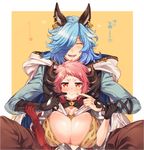  1girl animal_ears blue_hair breasts cow_ears cow_horns drang_(granblue_fantasy) draph earrings eno_yukimi erune fingersmile granblue_fantasy hair_over_one_eye horns huge_breasts jewelry short_hair sturm_(granblue_fantasy) 