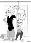  3-toed anthro black_shirt book canine clothing disney female fox fur grin judy_hopps lagomorph male mammal metro monochrome nick_wilde phone rabbit zootopia 