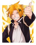  ;) bad_id bad_pixiv_id blonde_hair boku_no_hero_academia grin hand_on_hip headphones jacket kaminari_denki male_focus multicolored_hair one_eye_closed open_clothes open_jacket simple_background smile solo spiked_hair streaked_hair thumbs_up upper_body yellow_background yellow_eyes yoshitaro_(almendra) 