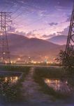  city city_lights cloud cola_(gotouryouta) dusk evening grass highres mountain no_humans original outdoors path plant pond power_lines purple_sky reflection road scenery shore sky star_(sky) starry_sky sunset transmission_tower tree water 