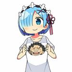  alternate_costume blue_eyes blue_hair casual character_print commentary_request hair_ornament hair_over_one_eye jpeg_artifacts kanikama lowres maid maid_headdress natsuki_subaru print_shirt re:zero_kara_hajimeru_isekai_seikatsu rem_(re:zero) ribbon shirt short_hair smile solo t-shirt x_hair_ornament 