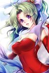  bare_shoulders breasts cleavage covered_navel detached_sleeves dress final_fantasy final_fantasy_vi green_hair large_breasts long_hair open_mouth ponytail purple_eyes red_dress ribbon solo strapless strapless_dress tina_branford uni_(uniuni5) upper_body 
