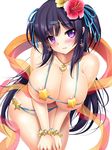  areola_slip areolae bare_arms bare_legs bare_shoulders bikini blue_hair blue_ribbon blush bracelet breast_press breasts collar collarbone earrings flower hair_flower hair_ornament hands_on_own_knees hanging_breasts head_tilt hibiscus inma_kourin_devil_carnival jewelry large_breasts leaning_forward lips long_hair micro_bikini mikan_(5555) necklace orihime_(reizoku_ichiba) purple_eyes revealing_clothes ribbon shiny shiny_skin simple_background solo star star_earrings string_bikini swimsuit two_side_up white_background 
