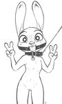  alec8ter anthro ball_gag black_and_white blush buckteeth clothed clothing collar collar_tag disney drooling female flat_chested front_view gag gagged hi_res judy_hopps lagomorph leash looking_at_viewer mammal monochrome open_mouth rabbit saliva simple_background smile solo teeth text tight_clothing v_sign white_background zootopia 