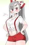  asymmetrical_hair blush breasts contrapposto eyebrows fujiwara_no_mokou grin hands_on_thighs highres large_breasts midriff navel ponytail shirt short_shorts short_sleeves shorts smile solo standing suspenders takeu thick_eyebrows thick_thighs thighs tied_shirt touhou 