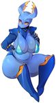  2016 anthro arthropod big_breasts bikini blue_skin blush breasts clothed clothing female hi_res insect looking_down navel simple_background sitting skimpy slightly_chubby solo swimsuit thick_thighs venusflowerart white_background yellow_eyes yellow_skin 