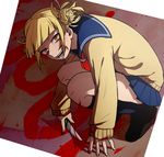  1girl bangs blonde_hair blood blunt_bangs blush boku_no_hero_academia cardigan double_bun fangs knife komiya_harumoto long_sleeves messy_hair open_mouth school_uniform serafuku shoes skirt smile socks solo squatting toga_himiko weapon yellow_eyes 