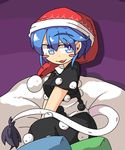  :3 :d amura_(artist) bad_id bad_twitter_id blue_eyes blue_hair blush blush_stickers breasts doremy_sweet dress hat highres looking_at_viewer medium_breasts naughty_face nightcap open_mouth pillow pom_pom_(clothes) short_hair smile smug solo tail tapir_tail touhou v_arms 