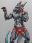  arms_above_head clothing ears_back fighters_stance gloves invalid_tag kangaroo male mammal marsupial mma muscular shorts sinistervibe solo spandex_shorts sparring_gloves stripes traditional_media_(artwork) 