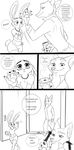  2016 anthro beverage big_eyes black_and_white canine clothed clothing coffee comic cup dialogue digital_media_(artwork) disney duo english_text female fox fur hair judy_hopps lagomorph long_ears male mammal monochrome nick_wilde rabbit size_difference smile speech_bubble spintherella text watch zootopia 