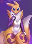  2016 anthro black_claws black_nose black_sclera blue_eyes bridal_gauntlets canine claws clothing cute digimon doomthewolf elbow_glores english_text facial_markings female fingerless_gloves fox fur gloves hi_res looking_at_viewer mammal markings mostly_nude navel open_mouth purple_background purple_markings pussy renamon simple_background solo text tuft white_fur wide_hips yellow_fur 