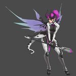  alternate_costume artist_name bodysuit breasts dark_persona demon_horns demon_tail facial_mark faulds forehead_mark full_body grey_background high_ponytail holding holding_staff horns imp_mercy leaning_forward lipstick long_hair looking_to_the_side makeup mechanical_wings mercy_(overwatch) overwatch purple_eyes purple_hair purple_lipstick purple_wings signature simple_background small_breasts solo staff standing tail v_arms wings yu_li 