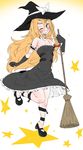  arm_garter bare_shoulders black_dress blush bow braid broom dress eyebrows grin hat hat_bow highres kirisame_marisa single_braid smile solo standing standing_on_one_leg star strapless strapless_dress takeu thick_eyebrows touhou white_bow witch_hat 