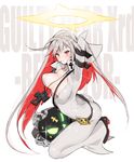  breasts breasts_apart center_opening guilty_gear guilty_gear_xrd jack-o'_valentine jewelry kneeling large_breasts long_hair mouth_hold multicolored_hair necklace nito_(siccarol) red_eyes red_hair solo two-tone_hair very_long_hair white_hair 