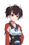  bad_id bad_pixiv_id black_hair blue_ribbon brown_eyes collarbone hair_ribbon highres koutetsujou_no_kabaneri looking_at_viewer mumei_(kabaneri) purple_ribbon radish_(artist) ribbon short_hair short_twintails simple_background smile solo twintails white_background yellow_ribbon 