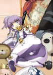  1girl ar_tonelico ar_tonelico_iii ass bodysuit braid from_behind looking_back lying on_side purple_eyes purple_hair shiny shiny_clothes shiny_hair short_hair skin_tight solo stuffed_animal stuffed_toy tilia 