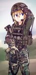  arm_up assault_rifle bad_id bad_pixiv_id bangs blonde_hair blue_eyes camouflage closed_mouth combat_shirt dutchko gloves gun hair_between_eyes hand_on_own_head hat helmet holding holding_gun holding_weapon load_bearing_vest long_sleeves looking_away looking_to_the_side m4_carbine m81_woodland_(camo) military military_uniform original outdoors plate_carrier pouch rifle scope short_hair smile solo standing suppressor sweat uniform weapon 