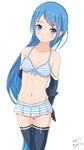 2016 alternate_costume arm_behind_back bangs bare_shoulders bikini bikini_skirt black_gloves black_legwear blue_hair blush breasts cleavage commentary_request crossed_legs dated elbow_gloves eyebrows eyebrows_visible_through_hair gloves kantai_collection linfa_lm long_hair looking_at_viewer navel samidare_(kantai_collection) simple_background small_breasts smile solo standing striped striped_bikini striped_bikini_top swept_bangs swimsuit thighhighs twitter_username vertical-striped_bikini vertical_stripes very_long_hair white_background 