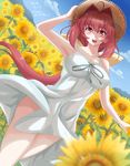  2016 ahoge bare_shoulders birthday blush bow breasts cloud cureecoolan dated day dress dutch_angle flower hair_bow hair_intakes hand_on_headwear happy_birthday hat kagami_sumika large_breasts long_hair low_ponytail muvluv open_mouth ponytail red_eyes red_hair sky sleeveless sleeveless_dress smile solo straw_hat sun_hat sundress sunflower very_long_hair white_dress wind wind_lift 