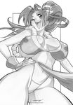  breasts brown_eyes brown_hair daikon_(artist) daikon_(daicombo) hair_ribbon large_breasts long_hair one_eye_closed panties pantyshot ponytail ribbon shiranui_mai smile teeth the_king_of_fighters thong_panties underwear wrist_guards 