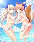  ;) animal_ears ass bangs bare_shoulders barefoot bikini blonde_hair blue_bow blue_eyes blue_sky bow braid breasts carrying_under_arm cleavage closed_mouth cloud crossover day eyebrows eyebrows_visible_through_hair fate/extra fate_(series) feathers fox_ears fox_tail from_side hair_between_eyes hair_bow hair_feathers halterneck highres holding_hands interlocked_fingers large_breasts leg_up lens_flare lexington_(zhan_jian_shao_nyu) long_hair looking_at_viewer multiple_girls ocean one_eye_closed outdoors pink_hair side-tie_bikini sidelocks sky smile sparkle standing string_bikini summer surfboard swimsuit tail tamamo_(fate)_(all) tamamo_no_mae_(fate) tassel underboob very_long_hair wading water_drop white_bikini yellow_eyes yuemanhuaikong zhan_jian_shao_nyu 