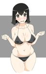  akitetsu akitsu_maru_(kantai_collection) bad_id bad_twitter_id bikini black black_bikini black_eyes black_hair breasts clenched_hands commentary_request covered_nipples cropped_legs halter_top halterneck highres kantai_collection large_breasts navel open_mouth outstretched_wrists solo swimsuit tears thigh_gap w_arms 