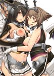  2girls admiral_(kantai_collection) black_gloves black_hair blush breast_grab breasts brown_eyes brown_hair elbow_gloves fingerless_gloves gloves grabbing grabbing_from_behind headgear hetero inverted_nipples kantai_collection long_hair medium_breasts midriff miniskirt multiple_boys multiple_girls mutsu_(kantai_collection) nagato_(kantai_collection) navel nipples open_mouth parted_lips pleated_skirt red_eyes sex short_hair simple_background skirt skirt_lift smile white_background white_gloves yasu_(yossy) 