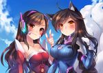  2016 ahri_(league_of_legends) animal_humanoid animal_tail big_breasts blush breasts brown_eyes brown_hair canine clothed clothes_swap clothing d.va_(overwatch) duo facial_markings female fox fox_humanoid hair hamifr headgear human humanoid league_of_legends long_hair looking_at_viewer mammal markings overwatch smile video_games yellow_eyes 