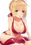  :o ahoge bad_id bad_pixiv_id between_legs bikini blonde_hair breasts cleavage fate/extra fate_(series) green_eyes hair_ribbon hand_between_legs highres ichinosenen large_breasts nero_claudius_(fate) nero_claudius_(fate)_(all) o-ring o-ring_bikini o-ring_bottom open_mouth red_bikini ribbon solo swimsuit 