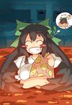  ^_^ amura_(artist) bad_id bad_twitter_id bird black_hair blush_stickers bow cape closed_eyes egg grin hair_bow happy highres holding holding_egg imagining long_hair molten_rock mother_and_daughter reiuji_utsuho reiuji_utsuho_(bird) smile solo sweat third_eye touhou wings 