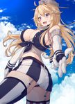  :d bad_id bad_pixiv_id blonde_hair breasts cleavage cloud day elbow_gloves eyebrows eyebrows_visible_through_hair front-tie_top garter_straps gloves hair_between_eyes headgear highres iowa_(kantai_collection) kantai_collection large_breasts long_hair looking_at_viewer miniskirt mismatched_legwear open_mouth petopetoo purple_eyes skirt sky smile solo star star-shaped_pupils striped striped_legwear symbol-shaped_pupils thighhighs vertical-striped_legwear vertical-striped_skirt vertical_stripes white_gloves 