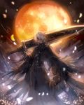  1boy bloodborne gun hunter_(bloodborne) looking_at_viewer moon oro_(sumakaita) red_eyes short_hair smile solo sword weapon white_hair 