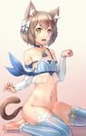  :3 :d animal_ears arm_ribbon bangs bare_shoulders barefoot blue_legwear blush bottomless bow brown_hair cat_ears cat_tail choker crossdressing detached_sleeves eyebrows eyebrows_visible_through_hair eyelashes felix_argyle flat_chest gloves gradient gradient_background hair_bow highres looking_at_viewer male_focus navel open_mouth otoko_no_ko paw_pose re:zero_kara_hajimeru_isekai_seikatsu ribbon see-through shiny shiny_skin short_eyebrows short_hair sitting smile solo stomach strap_slip tail ttc wariza white_bow yellow_eyes 