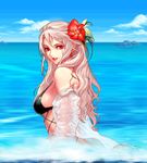  artist_request bikini cloud day dungeon_and_fighter female_slayer_(dungeon_and_fighter) flower ocean partially_submerged red_eyes see-through sky solo source_request swimming swimsuit water white_hair 